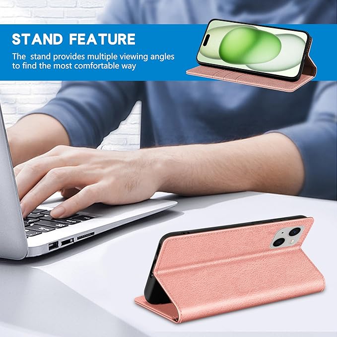 ZZXX for iPhone 15 Plus Wallet Case with [RFID Blocking] Card Slot Stand Strong Magnetic Leather Flip Fold Protective Phone Case for iPhone 15 Plus Case Wallet(Rose Gold-6.7 inch)