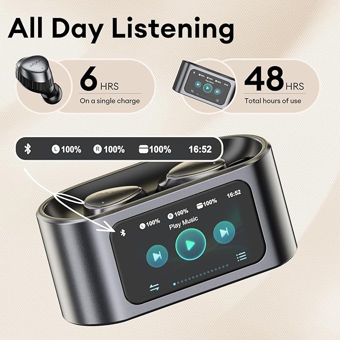 PAXA Wireless Earbuds with Touch Screen Headphones Bluetooth 5.4 Ear Bud IPX4 Light Weight in Ear Earbuds Comfortable Fit Deep Bass Stereo 5 EQ Modes ENC Clear Call for Android/iOS(Black)