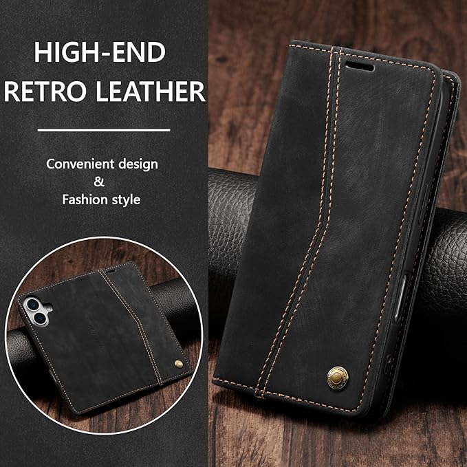 QLTYPRI for iPhone 16 Case Wallet with Card Holder, Vintage PU Leather Kickstand Magnetic Closure Shockproof Folio Book Cover Case for iPhone 16 - Retro Black