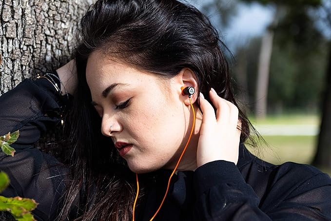 LUDOS Ultra Wired Earbuds in-Ear Headphones, 5 Years Warranty, Earphones with Microphone, Noise Isolating Ear Buds, Memory Foam for iPhone, Samsung, School Students, Kids, Women, Small Ears - Orange