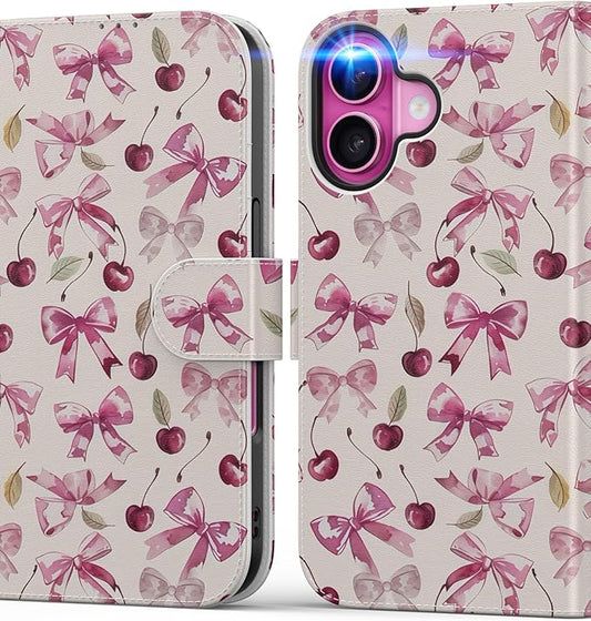 DEENAKIN for iPhone 16 Wallet Case with Card Holder + Cash Clip, RFID-Blocking, Military-Grade Drop Protection, Magnetic Closure with Leather Kickstand - Cherry & Bowknot