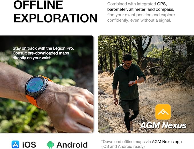 AGM Legion Pro Smart Watch with Offline Maps, Bluetooth Calling, AMOLED Gorilla Glass Display, Advanced Health Tracking, Gyroscope, DIY Dial, 5 ATM & IP69 Multisport GPS Fitness Watch, 2 Stylish Bands