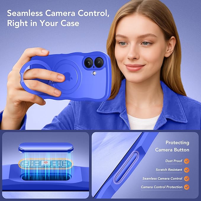 for iPhone 16 Case, [Compatible with Magsafe][360° Spin Magnetic Stand][Military-Grade Protection][Camera Control][Cute Wave Edge]Translucent Matte Women Phone Cover for iPhone 16,Ultramarine