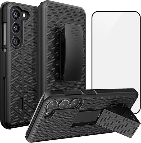 Ailiber for Samsung Galaxy S25 Plus Case with Belt Clip, S25Plus Phone Case Holster with Screen Protector, Swivel 2-in-1 Stand Holder, Slim Shockproof Shell Pouch Full Body Cover-Black