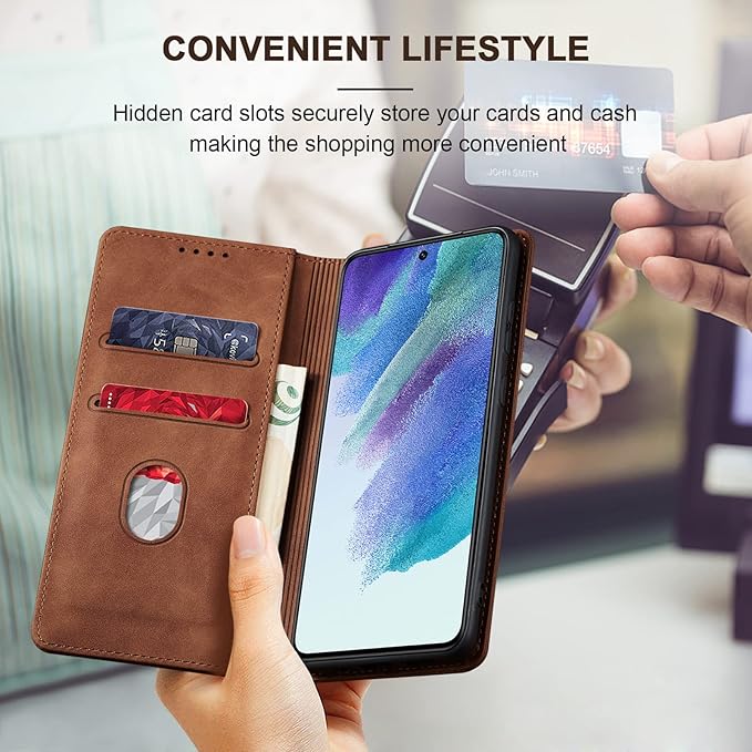 Jasonyu Flip Wallet Case for Samsung Galaxy S21 FE,Leather Magnetic Folio Cover with Card Holder,Kickstand - TPU Shockproof Durable Protective Phone Case,Brown