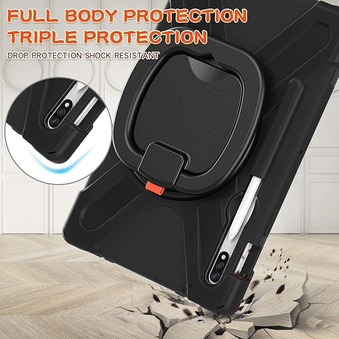360 Rotation Portable Case for Galaxy Tab S8 11" / Galaxy Tab S7 11 inch Case with S Pen Holder Rugged Case Rotating Stand Hand Strap Shoulder Carrying Strap Outdoor Cover (Black)