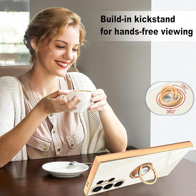 Dinick White for Samsung Galaxy S24 Ultra Case with Ring Holder Kickstand [with Magnetic] Soft TPU Bumper, Glitter Gold Electroplated Cover Slim Thin Protective Phone Case for Galaxy S24 Ultra