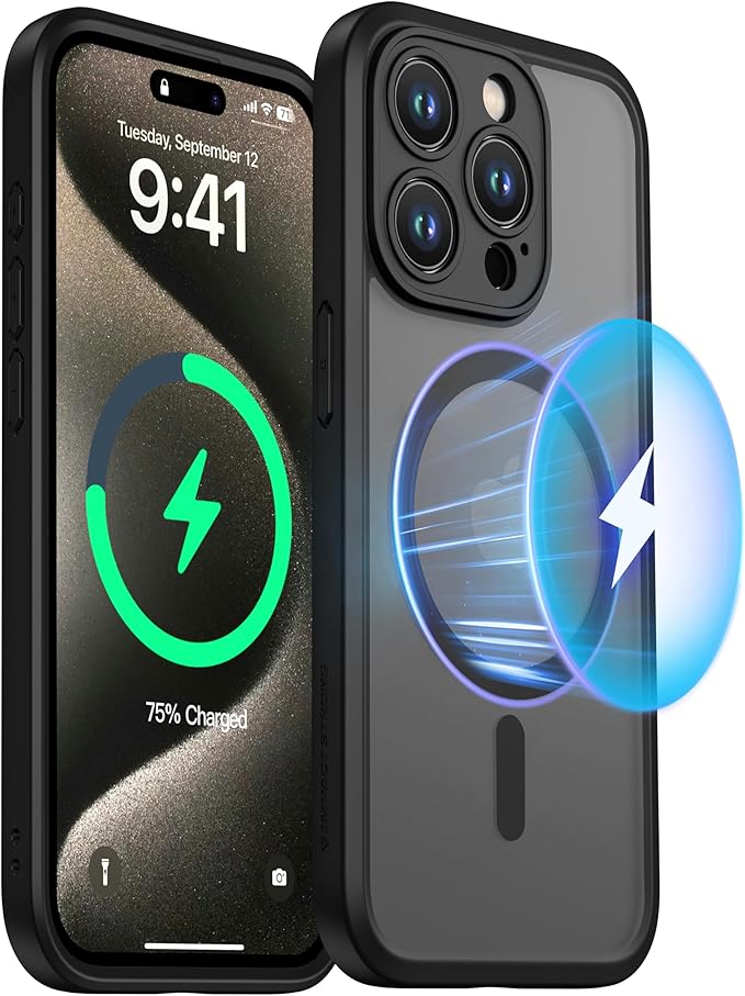 ImpactStrong Magnetic Guard Designed for iPhone 15 Pro Max Case [Camera Protection] [Military Grade Drop Tested] [Compatible with MagSafe] Slim Translucent Matte Phone Case (6.7") - Black