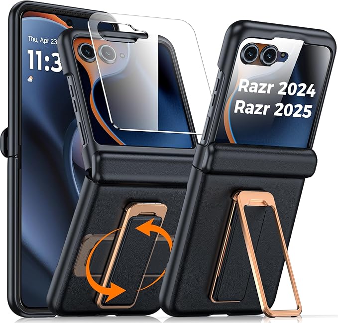 for Motorola Razr 2025 Case/Razr 2024 Case, Built-in Screen Protector & Hinge Protection & 360° Spin Stand & Hand Strap, Slim Genuine Leather Shockproof Phone Case for Razr 2025/2024(Black)