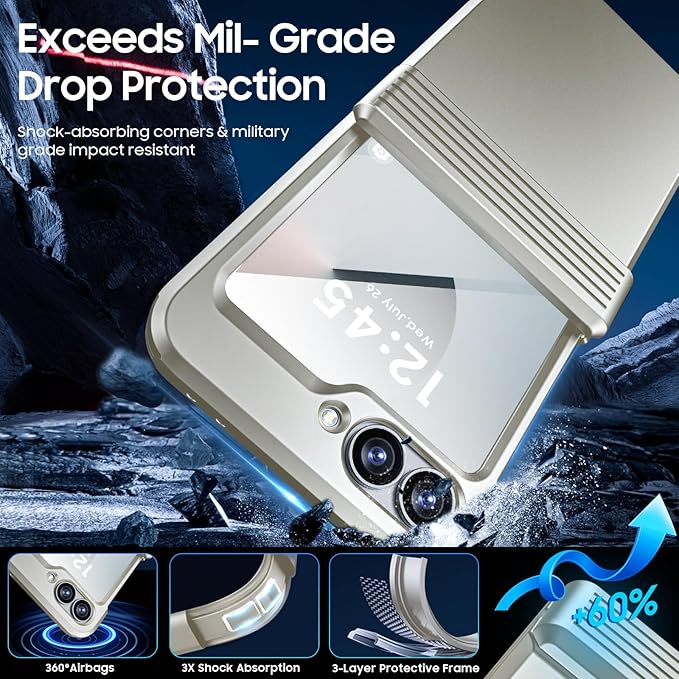 CENMASO for Galaxy Z Flip 6 Case/Z Flip 7 FE Case with Hinge Protection & Built-in Screen Protector, Ultra-Thin Full-Body Shockproof Protection Phone Case for Z Flip 6/Flip 7 FE-Natural Titanium