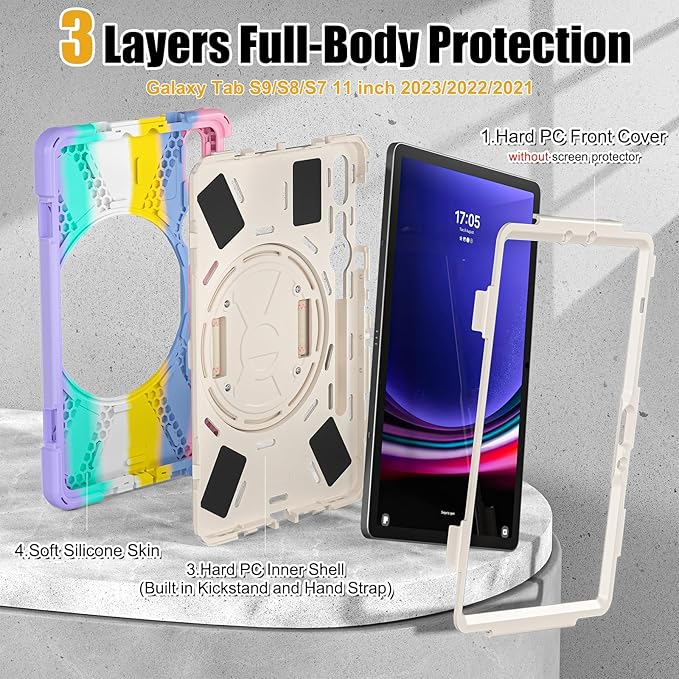 BRAECNstock Kids Case for Samsung Galaxy Tab S10 Lite/ S10 FE/ S9 FE/ S9/ S8/ S7 5G 10.9"/ 11", Shockproof Protective Case with Pen Holder, Rotating Hand Strap & Stand, Shoulder Strap, Colorful Pink