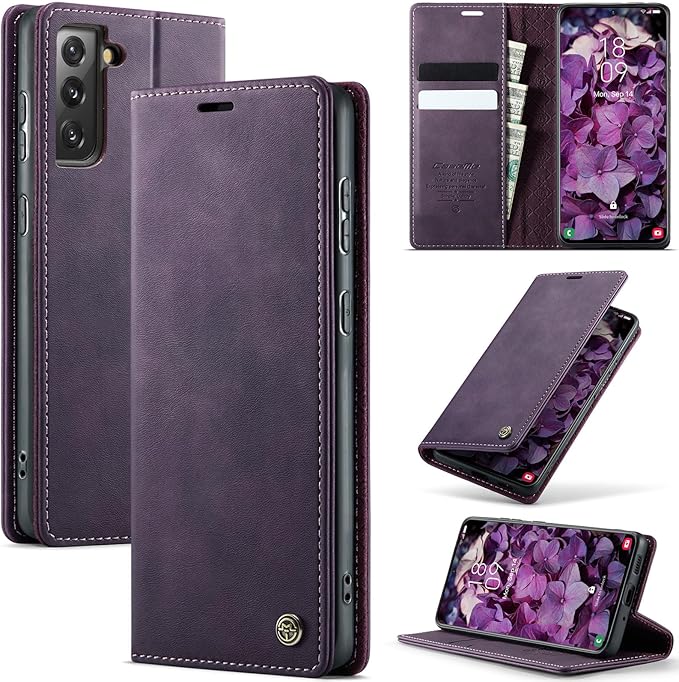 Wallet Case for Samsung Galaxy S21 FE Leather Wallet Flip Cover with Card Holder, Kickstand, Magnetic Closure, RFID Blocking TPU Shockproof Phone Case Compatible with S21 FE, Purple