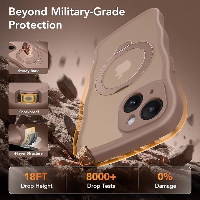 GolbinBox for iPhone 15 Case for Women,[Compatible with Magsafe][360° Spin Magnetic Stand][Cute Wave Edge][Military-Grade Protection] Translucent Matte Phone Case for iPhone 15, Brown