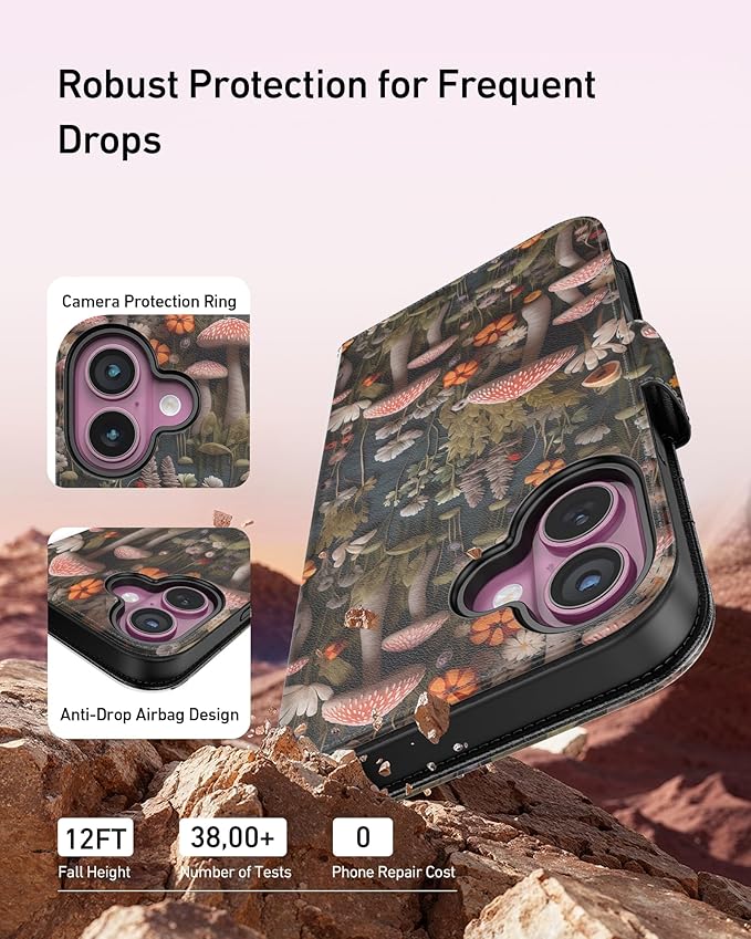 DEENAKIN for iPhone 16 Wallet Case with Card Holder + Cash Clip, RFID-Blocking, Military-Grade Drop Protection, Magnetic Closure with Leather Kickstand - Mushroom Floral