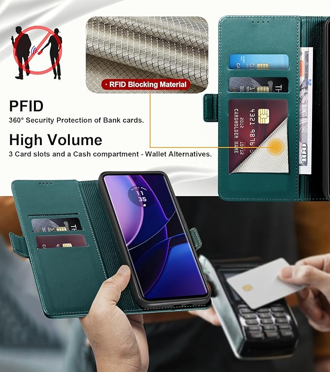 Wallet Flip Case for Motorola Edge (2023) - [RFID Blocking] Luxury PU Leather Card Holder Magnetic Phone Cover with Kickstand,Shockproof Protective Case,Green
