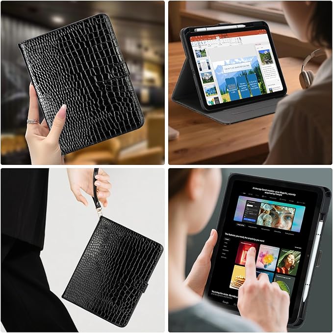 Elegant Case for Samsung Galaxy Tab A9 Plus 11 Inch 2023（Model: SM-X210/X216/X218）, Premium Leather Crocodile Cover | Stand | Card Pockets| Wrist Strap| S Pen Holde for Women Girls(Black)