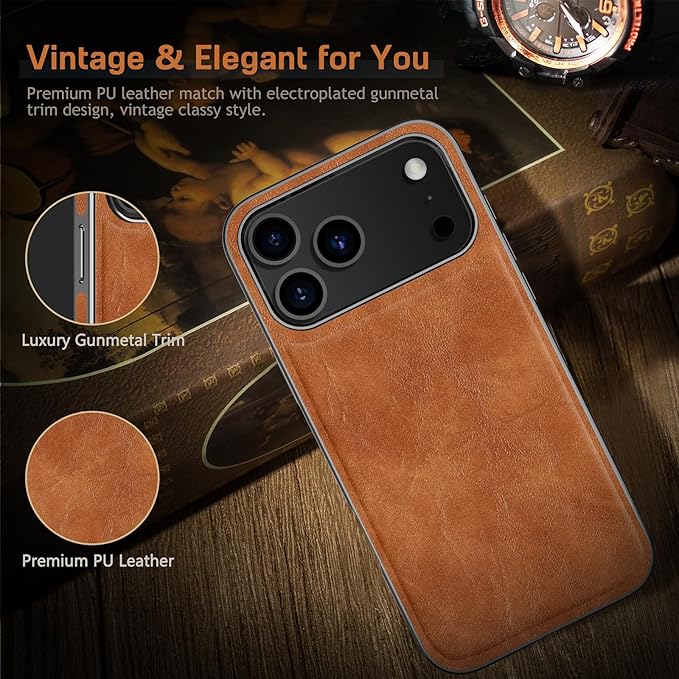 LOHASIC for iPhone 17 Pro Max Case, Compatible with MagSafe, Classic Leather & Luxury Metal Bumper Trim, Magnetic Protective Phone Cases Cover for iPhone 17 Pro Max 6.9" 2025 - Sand Dune