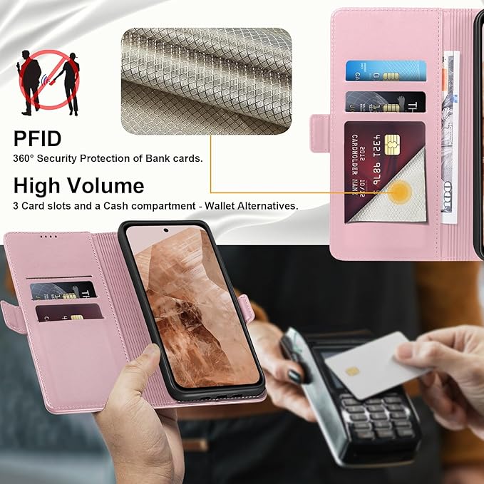 Wallet Flip Case for Google Pixel 8A - [RFID Blocking] Luxury PU Leather Card Holder Magnetic Phone Cover with Kickstand,Shockproof Protective Case,Pink