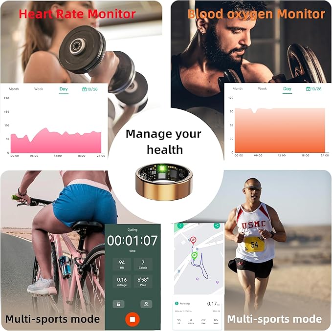 Smart Ring for Women Men, Health Fitness Tracker Ring, IP68 Waterproof Rings, Sleep Ring with Charging Case and Ring Protector, Remote Photography, Family Care, No App Fees(Black, 14#)