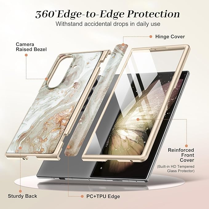 GVIEWIN for Samsung Galaxy Z Fold 7 Case Built-in HD Screen Protector [Compatible with Magsafe][Hidden Kickstand] Magnetic Full-Body Hinge Protection Slim Phone Case for Z Fold 7, Pearlescent/Gold