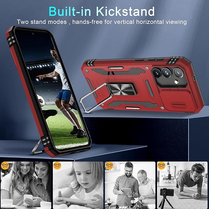 DEERLAMN Case for Samsung Galaxy S24 FE 6.7-Inch with Slide Camera Cover+Screen Protector(1 Pack), Rotated Ring Kickstand Military Grade Shockproof Protective Cover-Red