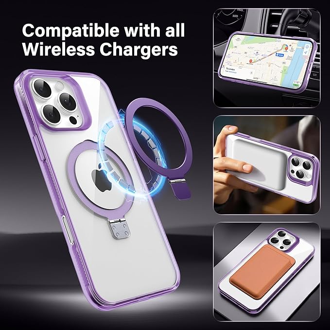 Magnetic Case for iPhone 16 Pro Max - [Built-in Invisible Stand] [Compatible with MagSafe] [Military Grade Drop Protection] Anti-Yellowing Hard Back Silicone Edge Cover, 6.9", Clear Purple