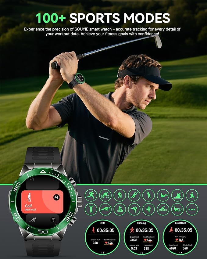 SOUYIE Men's Luxury Smart Watch - 1.43" AMOLED Display Smartwatch with HD Bluetooth Calling, 400mAh 30-Day Battery, 100+ Sports Modes, Health Monitor with Metal/Silicone Straps for Android iPhone