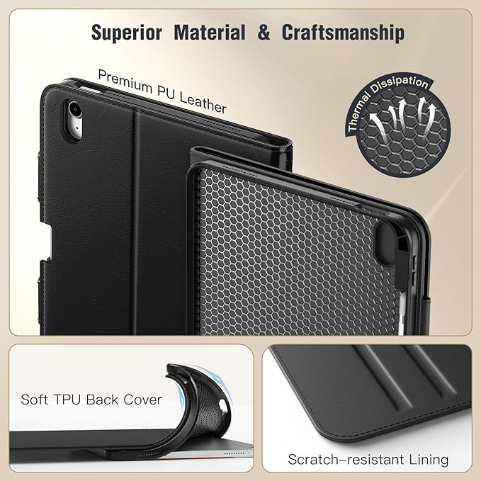 MoKo for iPad (A16) 11th Generation Case 11 inch 2025, iPad 10th Generation Case 10.9" 2022 with Pencil Holder & Pocket, Premium Leather Folio Stand Cover, Multiple Viewing Angles, Black