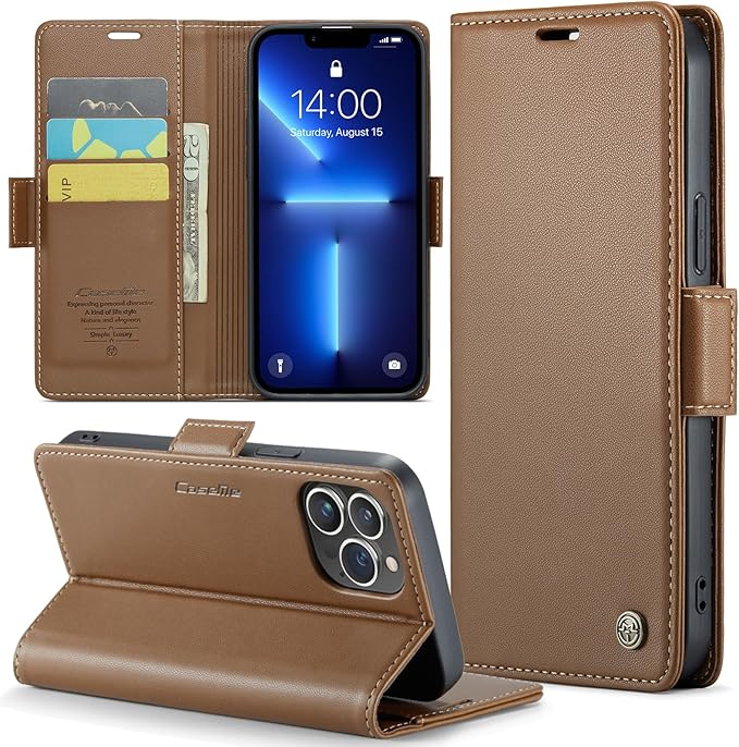 for iPhone 13 Pro Case, Premium PU Leather Wallet Case Flip Cover with [RFID Blocking][Card Holder][Stand Function] Shockproof Protective for iPhone 13 Pro 6.1 inch, Brown
