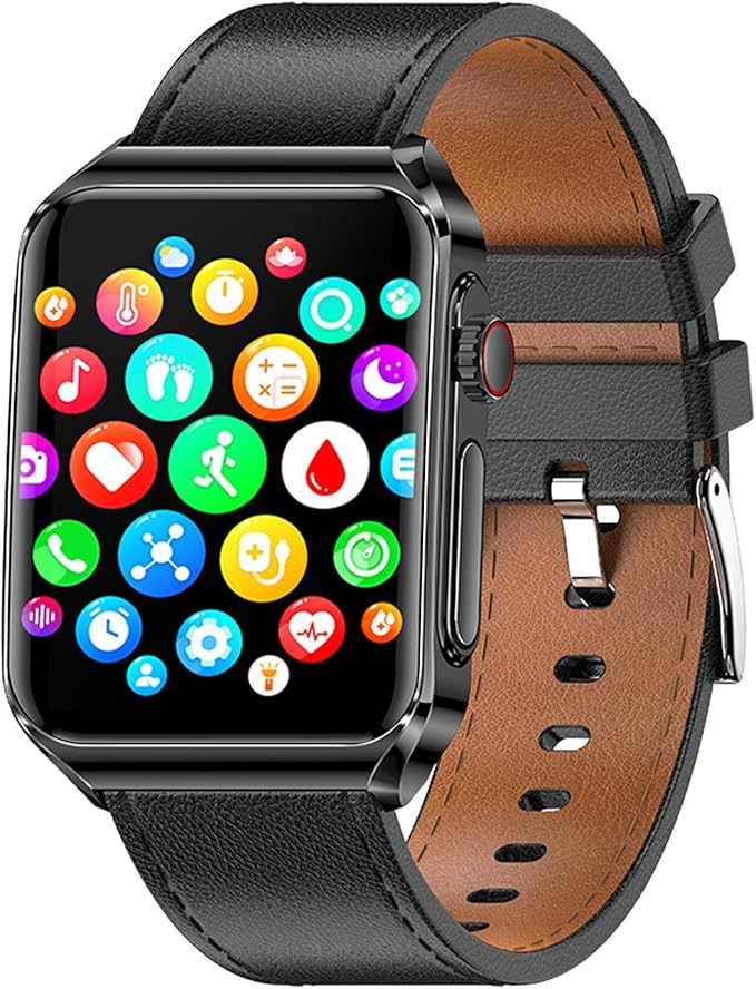 Smart Watch, 1.85" HD Bluetooth Call Pedometer with Heart Rate/Blood Oxygen/Blood Pressure/Blood Composition/Body Composition/Sleep Monitor, IP67 Waterproof (Black Leather)