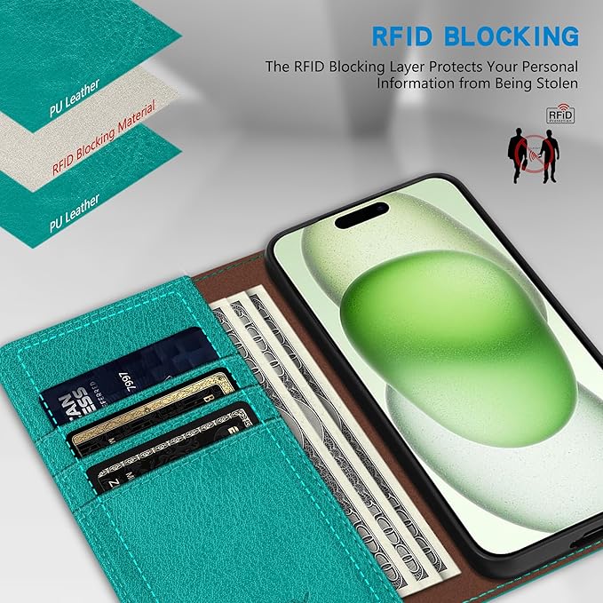 ZZXX for iPhone 15 Plus Wallet Case with [RFID Blocking] Card Slot Stand Strong Magnetic Leather Flip Fold Protective Phone Case for iPhone 15 Plus Case Wallet(Lake Blue-6.7 inch)