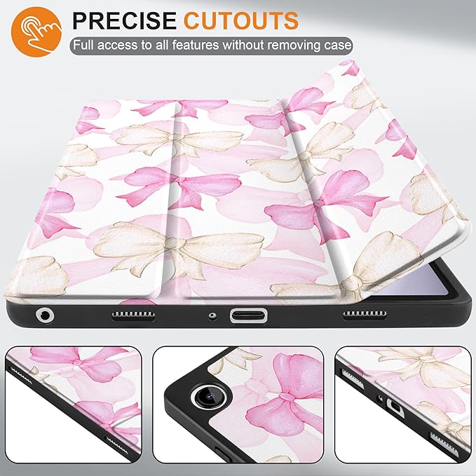 MEEgoodo Case for Samsung Galaxy Tab A9 Plus 11 inch Cover 2024 2023 with S Pen Holder, A9+ Smart Tablet Cases with Leather Trifold Stand+Soft TPU Back Shell+Smart Auto Wake/Sleep, White & Pink Bows