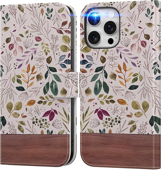 DEENAKIN for iPhone 15 Pro Wallet Case with Card Holder + Cash Clip, RFID-Blocking, Military-Grade Drop Protection, Magnetic Closure with Leather Kickstand - Vibrant Foliage