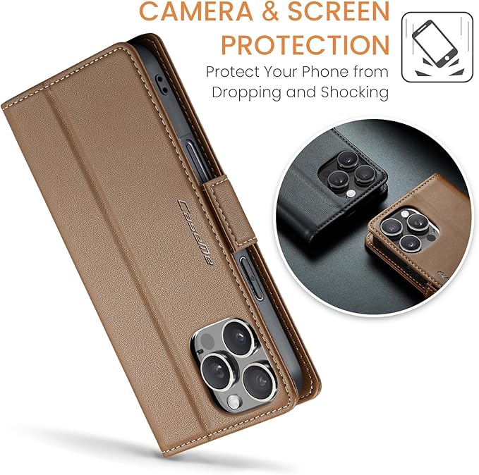for iPhone 16 Pro Case, Premium PU Leather Wallet Case Flip Cover with [RFID Blocking][Card Holder][Stand Function] Shockproof Protective for iPhone 16 Pro 6.3", Brown