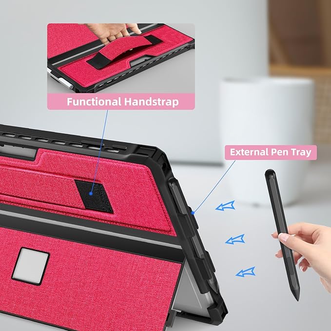 Case for 12.3" Microsoft Surface Pro 7+/7/6/5/4/Pro LTE Protective Rugged Cover Case, with Stylus Pen Holder and Hand Strap, Compatible with Type Cover Keyboard, Red
