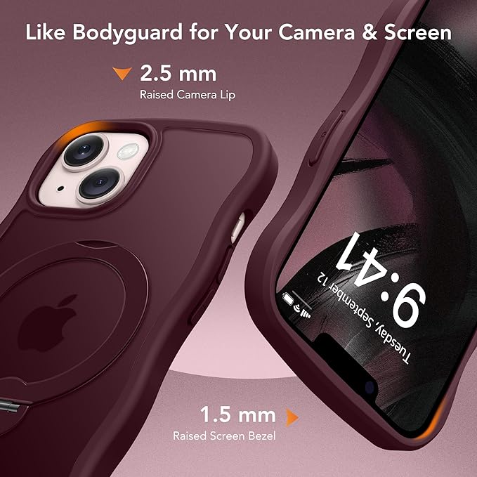 for iPhone 13 Case & iPhone 14 Case for Women,[Compatible with Magsafe][360° Spin Magnetic Stand][Cute Wave Edge][Military-Grade Protection]Translucent Matte Phone case for iPhone 13/14, Wine Red