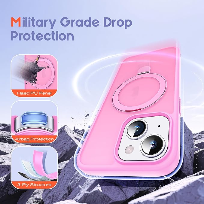 Designed for iPhone 15 Case with Magnetic Ring Stand [Compatible with Mag-Safe] [Military Drop Protection] Shockproof Translucent Phone Cover 6.1" for Women Men,Pink