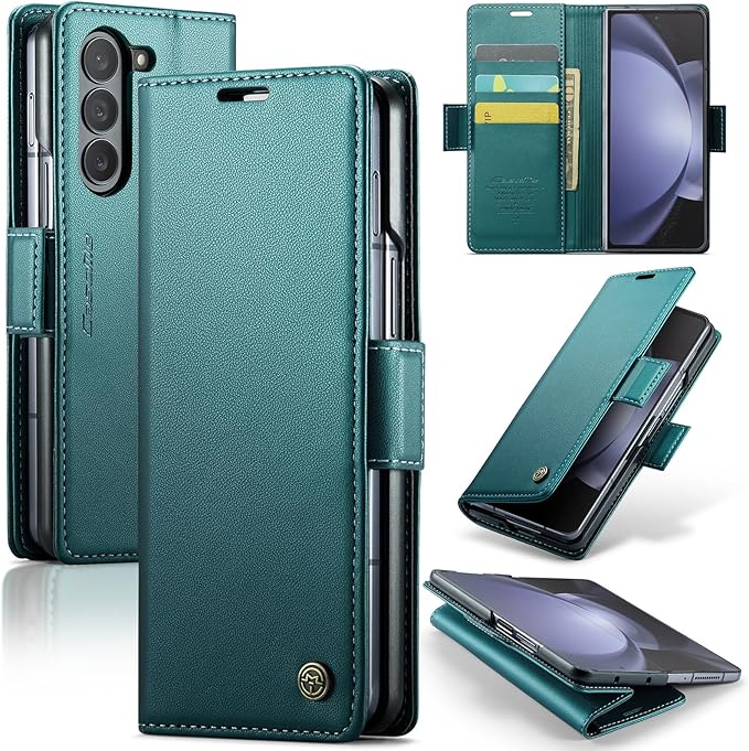 for Samsung Galaxy Z Fold 5 Case, Premium PU Leather Wallet Case Flip Cover with [RFID Blocking][Card Holder][Stand Function] Shockproof Protective for Samsung Galaxy Z Fold 5, Blue-Green