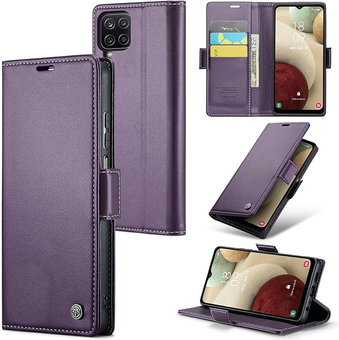 for Samsung Galaxy A12 5G Case, Premium PU Leather Wallet Case Flip Cover with [RFID Blocking][Card Holder][Stand Function] Shockproof Protective for Samsung Galaxy A12, Purple