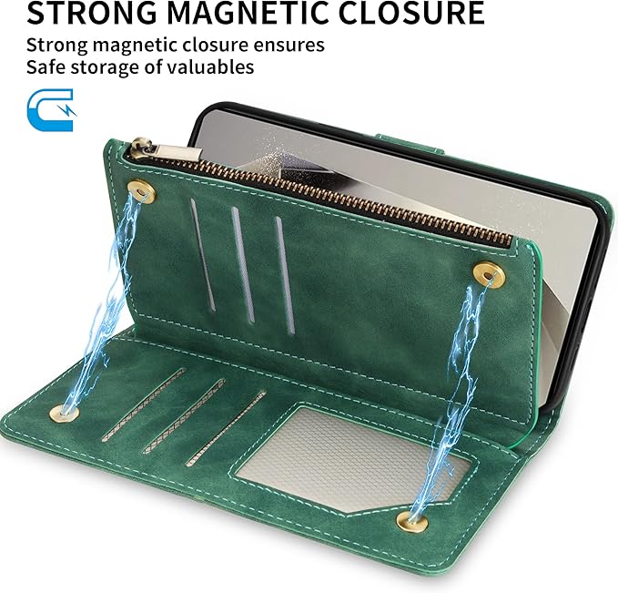 ZZXX for Samsung Galaxy S24 Ultra Wallet Case with RFID Blocking Card Slot PU Leather Zipper Flip Folio with Strap Kickstand Protective Cover for Samsung Galaxy S24 Ultra Case Wallet(Green-6.8 inch)