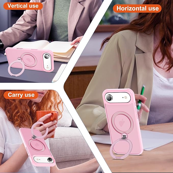 Compatible with iPhone 17 Air Case with Invisible Magnetic 360°Spin Stand,Military-Grade Shockproof Protection [Compatible with Mag-Safe] Non-Slip Edge Translucent Case (6.5",Pink)