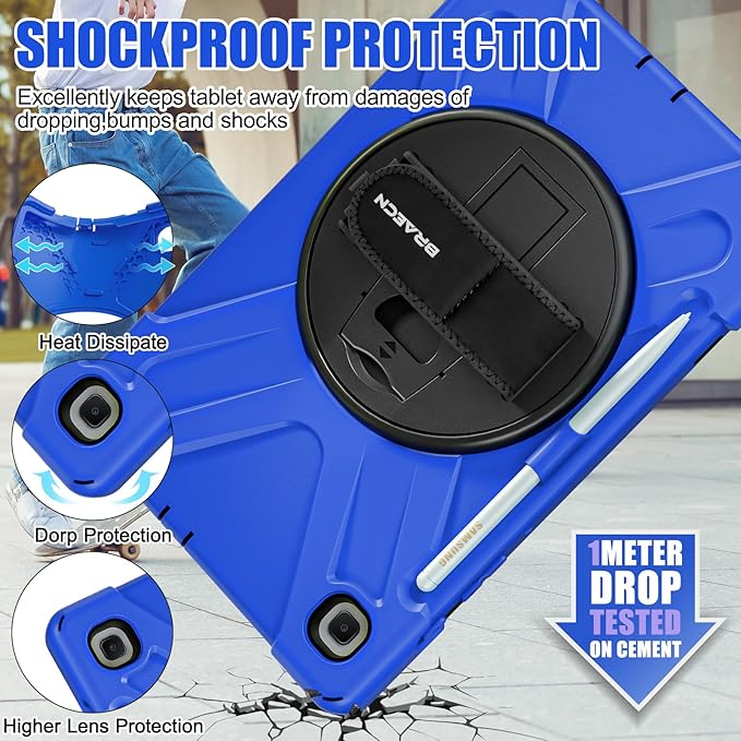 BRAECNstock Case for Samsung Galaxy Tab S6 Lite 10.4 Inch 2024/2022/2020 (SM-P620/P610/P619) Shockproof Protective Cover with Rotating Hand Strap Kickstand Pen Holder Galaxy S6 Lite Kids Case - Blue