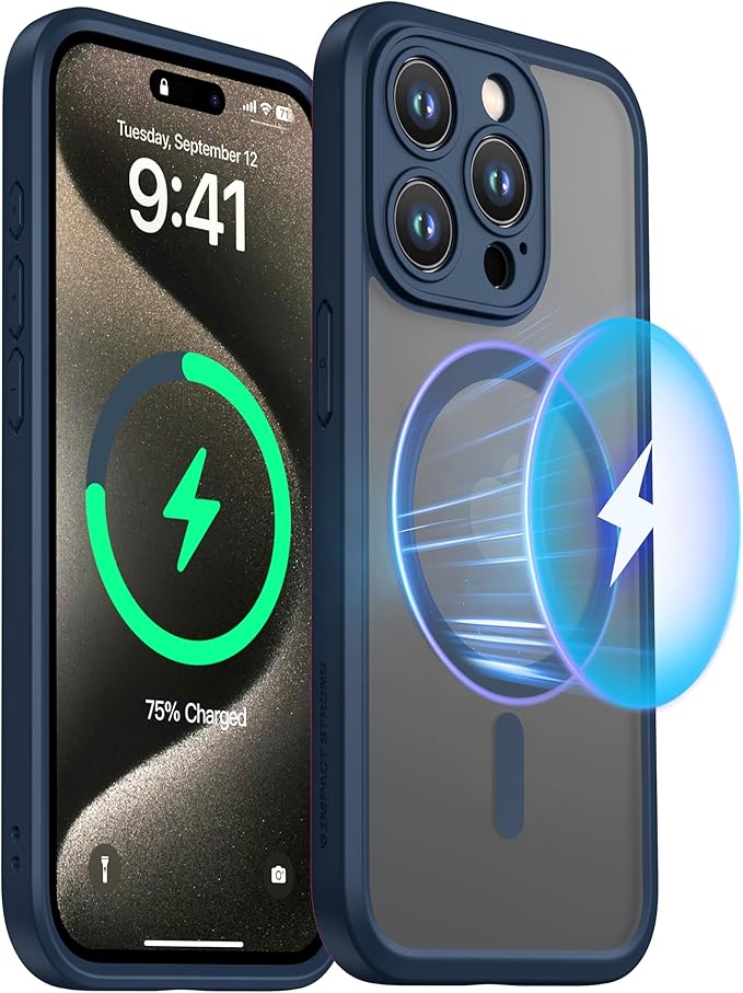 ImpactStrong Magnetic Guard Designed for iPhone 15 Pro Max Case [Camera Protection] [Military Grade Drop Tested] [Compatible with MagSafe] Slim Translucent Matte Phone Case (6.7") - Navy Blue