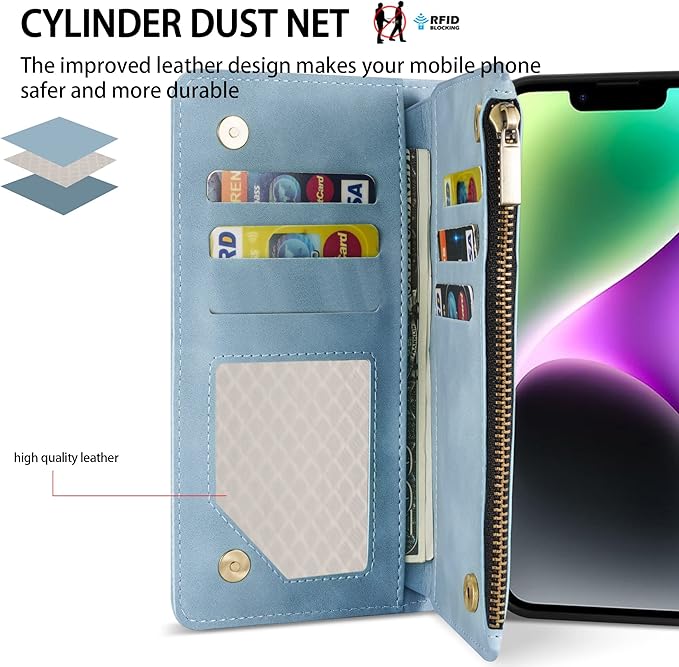 ZZXX iPhone 14 Case Wallet with [RFID Blocking] Card Slot Premium Soft PU Leather Zipper Flip Folio with Wrist Strap Kickstand Protective Phone Cover for iPhone 14 Wallet Case(Light Blue-6.1 inch)
