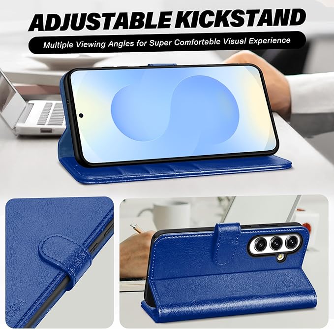 TUCCH Case Wallet for Galaxy S25 FE 5G, Magnetic Kickstand RFID Blocking 4 Card Slot Folio PU Leather Protective Flip Cover with TPU Shockproof Inner Shell (6.7") 2025, Klein Blue