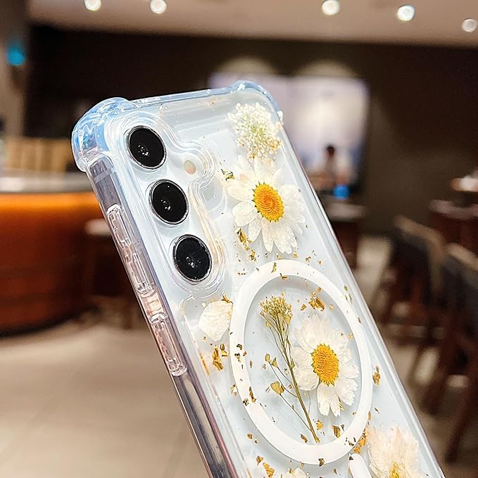 Compatible with Samsung Galaxy S24 Plus Case,Compatible with MagSafe,Cute Pressed Dried Flowers Design Women Girly Shockproof Floral Clear Magnetic Case for Galaxy S24 Plus (White)