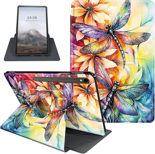 Case for Samsung Galaxy Tab S10 FE / S9 FE 5G 10.9 inch & Tab S9 11 inch, PU Leather 360° Rotating Stand Cover, Auto Sleep/Wake, Folio Smart Protective Cover, Dragonflies Flowers
