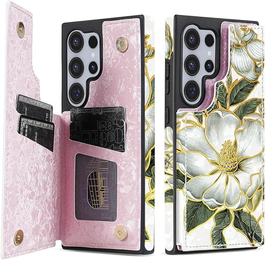 NNH Compatible with Samsung Galaxy S25 Ultra Wallet Case with RFID Blocking Card Slots Flip PU Leather Kickstand Double Magnetic Clasp Design Cover for Galaxy S25 Ultra(6.8 inch-Magnolia Flowers)