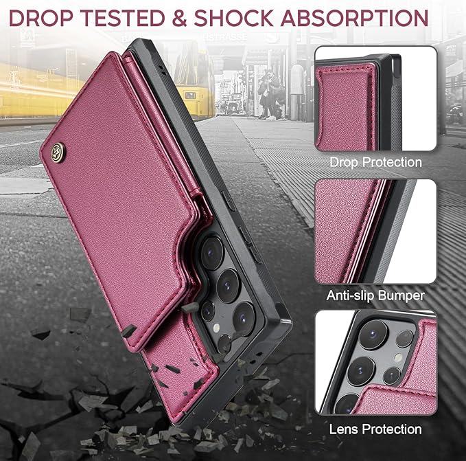 Vinich for Samsung Galaxy S24 Ultra Wallet Case with Card Holder, RFID Blocking Credit Slots Kickstand Shockproof Phone Cover for Women Men, Wine Red