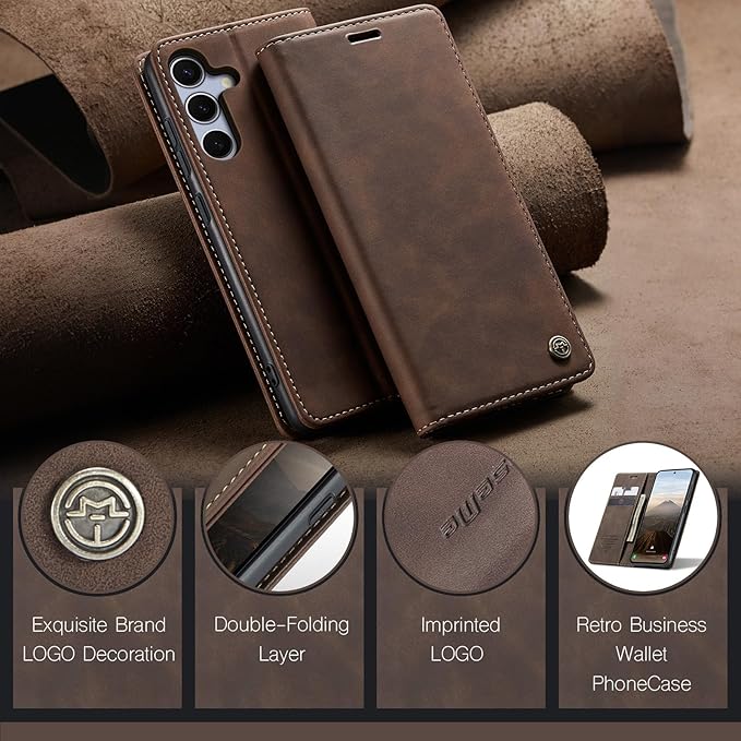 for Samsung Galaxy S25 FE Case, Flip Wallet Leather Case with Card Holder Magnetic Closure Shockproof Kickstand Protective Phone Cases Cover for Galaxy S25 FE, Coffee